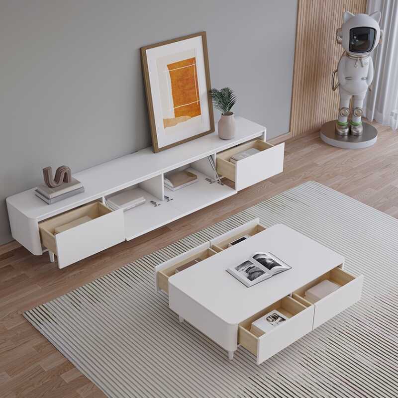 Chalk Modern Simple Style Wood TV Stand with 2 Drawers, 2 Cabinets, Cable Management, and Door