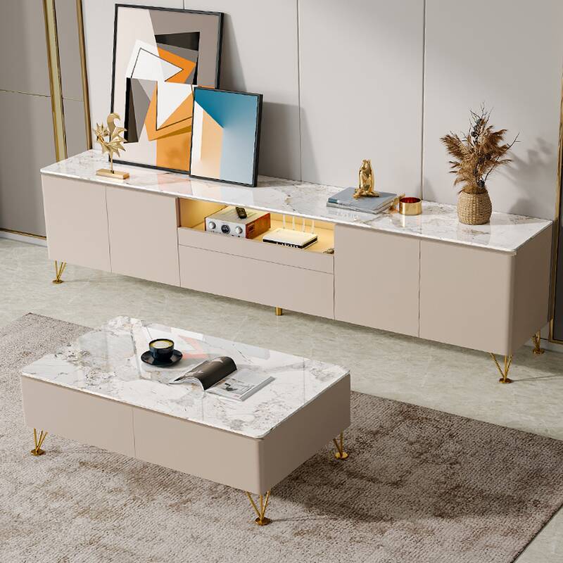 Ivory Modern Simple Style Stone TV Stand with 2 Cabinets, Adjustable Shelving, Open-air Storage, and Soft Close Drawers