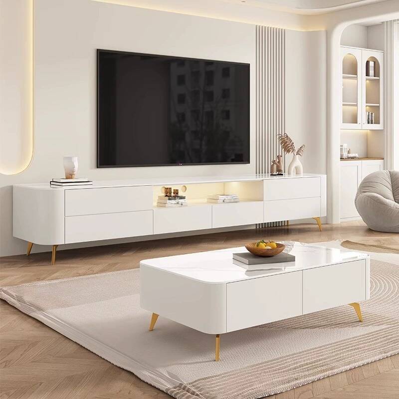 Ivory Modern Simple Style Stone TV Stand with 4 Drawers, Cable Management, and Open-air Storage