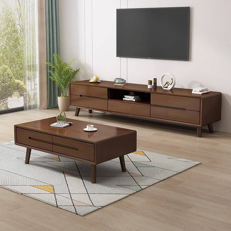 Contemporary Natural Wood TV Stand with 5 Drawers and Open-air Storage