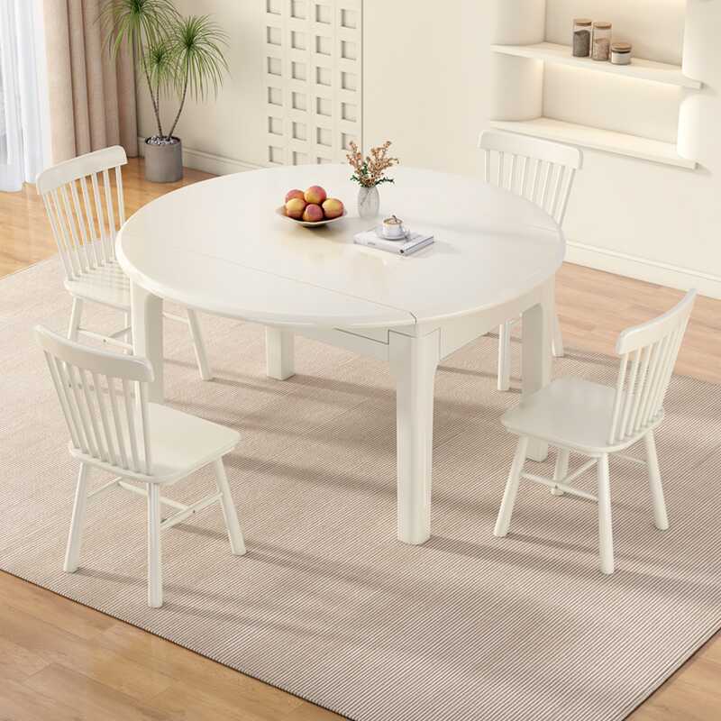 Round Dining Table Set with 4 Legs, Windsor Back, Fold-away Leaf, Seats 6/4, Chalk Colour Top