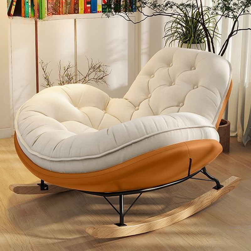 Trendy Upholstered Brown/Grey/Green Rocking Seat with Tufted Cushioned Back and Wood Legs