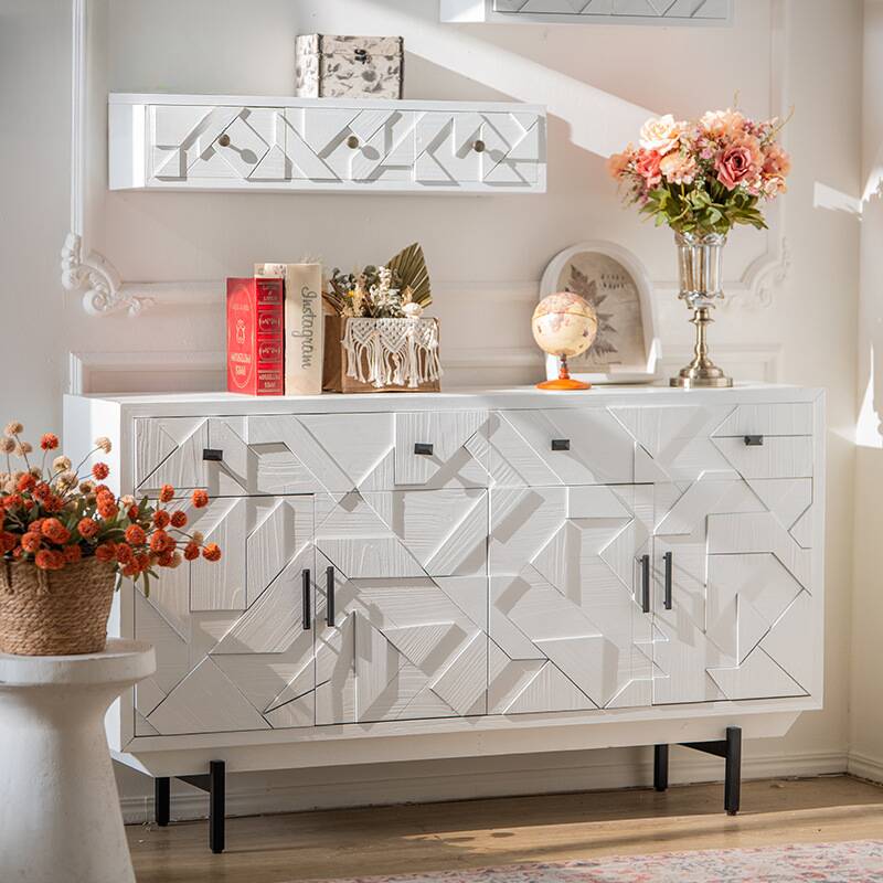 Minimalist White Wood Narrow Sideboard with 1 Shelf, 3 Doors & Cabinets