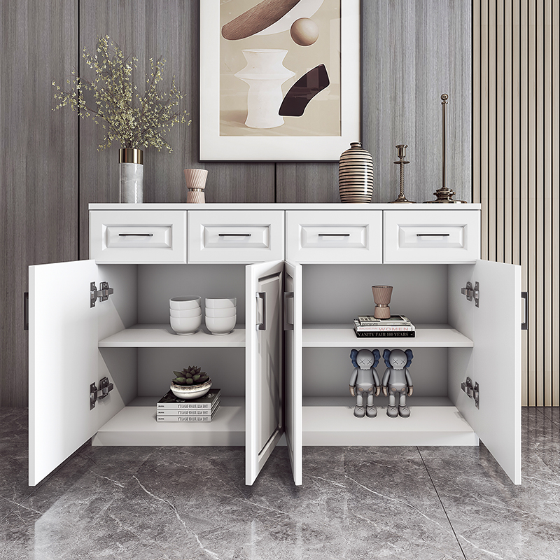 White Art Deco Buffet Table in Composite Wood with 3 or 2 Drawers, 1 Shelf, and 3 or 2 Doors Storage