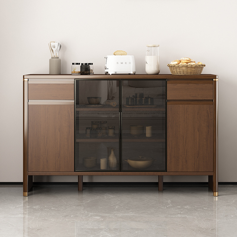 Auburn Modern Sideboard with 3 Drawers, Lumber Countertop, Glass Doors, and Variable Shelf