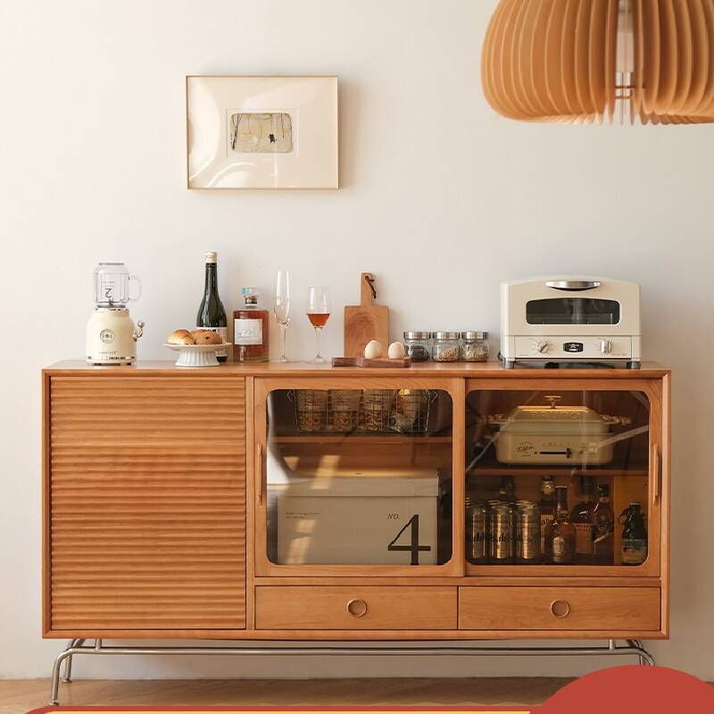 Art Deco Natural Wood Sideboard with 2 Drawers, Standard/Narrow Size, Cabinet Storage, Sliding Doors, and Flexible Shelf