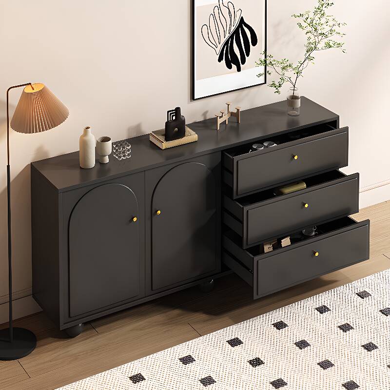 Midnight Black Modern Sideboard with 3 Drawers, Standard Size, 1 Shelf, Larder Storage, and 2 Doors