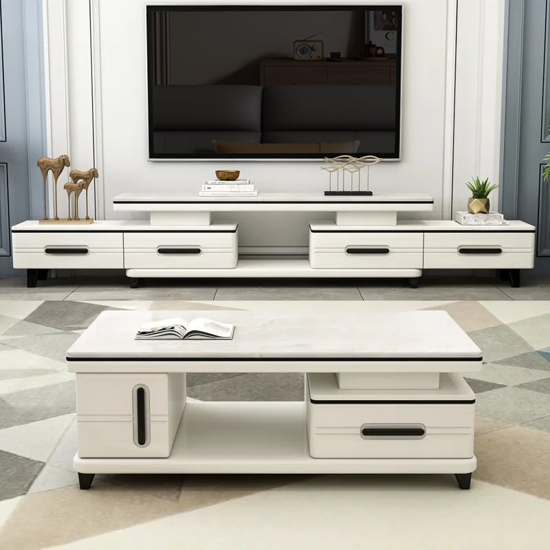 Sleek White Deco Sintered Stone TV Stand with Shelf, 4 Drawers, and Uncovered Storage