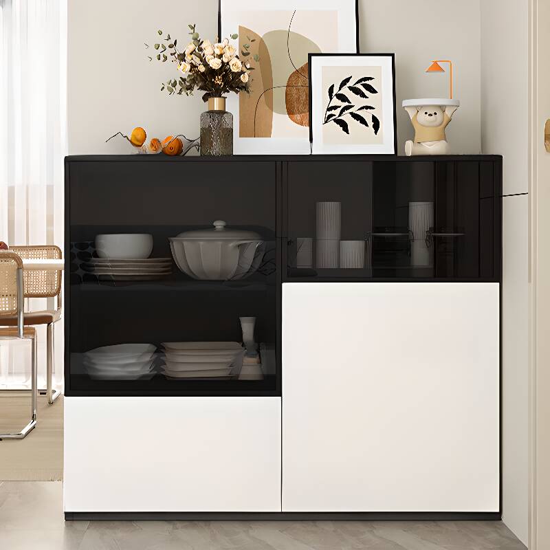 White Art Deco Sideboard with 6 Shelves, Cabinets, Reclaimed Wood Countertop, Glazed Door, and Illuminating Lighting