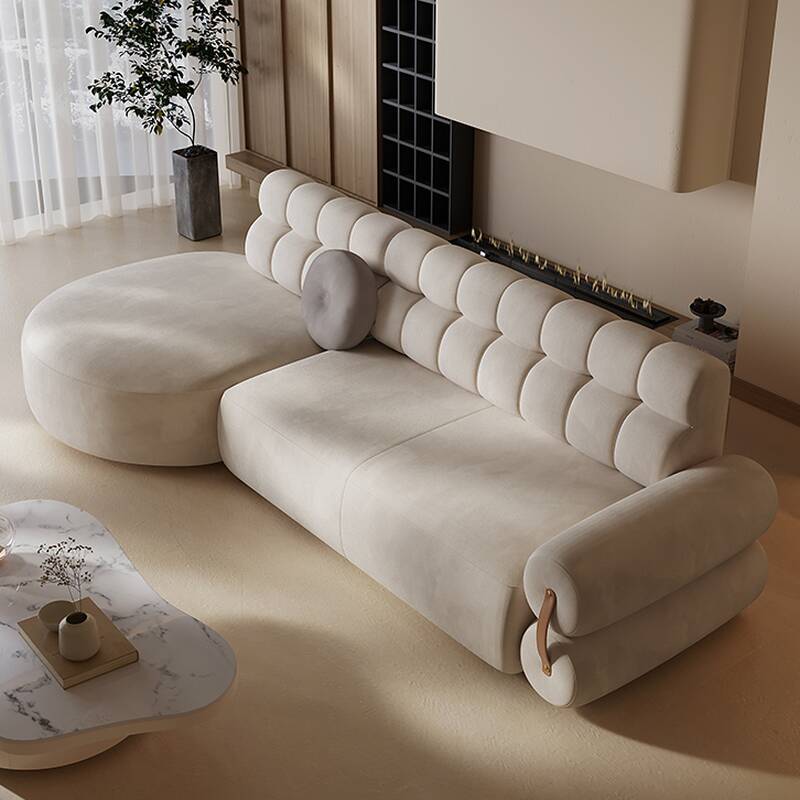 L-Shape Sofa Chaise with Channel Back, Polyester Blend, Soft-white, Seats 5, Round Arm, Concealed Support