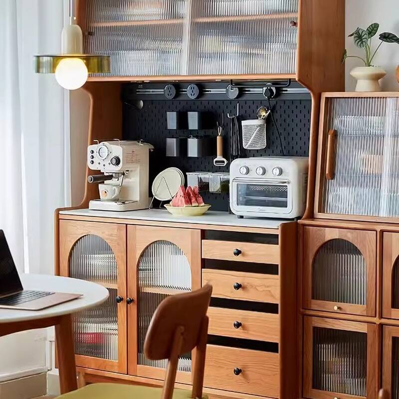 Simple Narrow Larder Microwave Storage Cabinet with 4 Drawers, Sintered Stone Countertop, and Adaptable Shelf with Sliding Doors