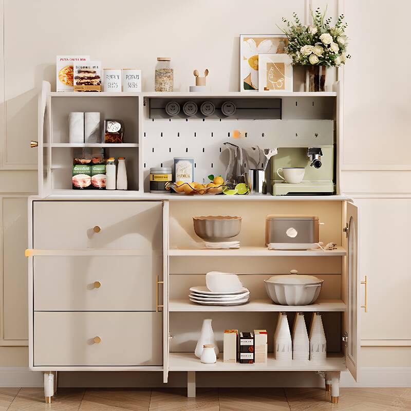 Minimalist Chalk Sideboard with 2 to 3 Drawers, Glass Countertop, Glass Doors, and Changeable Shelf for Pantry Hutch Storage