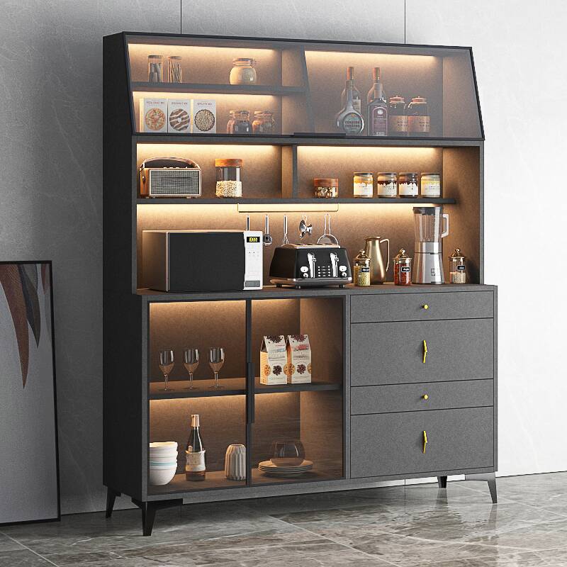 4 Drawers Simplistic Standard Sideboard with 2 Shelves, Glass-panel Door, Functional Storage Cabinet, and Lighting System