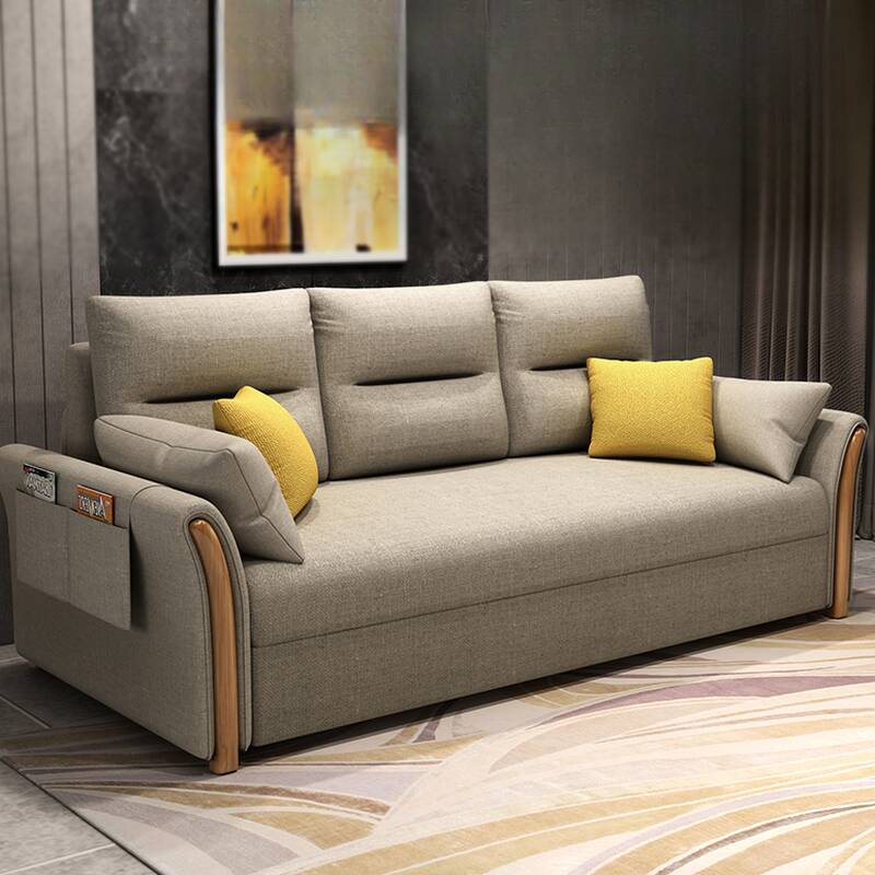 Futon Sofa Bed with Pillow Back, Grey, Multiple Seating Capacities, Receptacle Storage, Flared Arm, 3 Pillows in Multiple Sizes