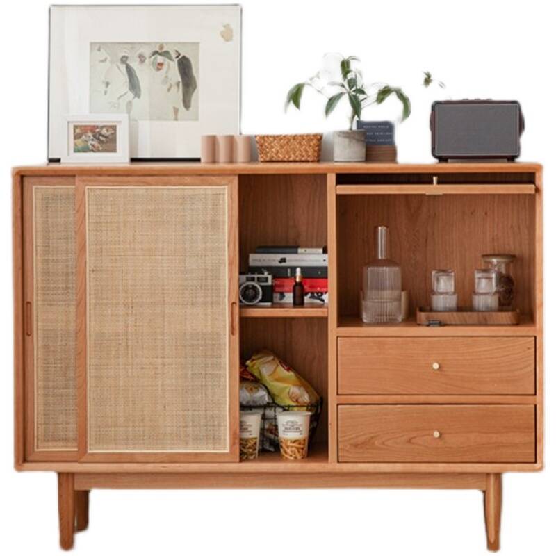 2 Drawers Contemporary Tan Sideboard with 1 Shelf, Lumber Countertop, Sliding Doors, and Functional Storage Cabinet