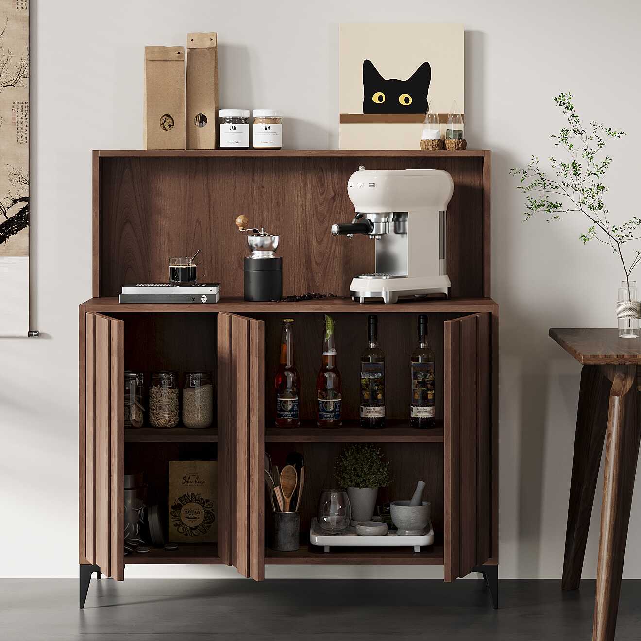 Cocoa Modish Sideboard with Standard/Narrow Size, 2 Shelves, Cabinets Storage, Lumber Countertop, and Multiple Doors Options