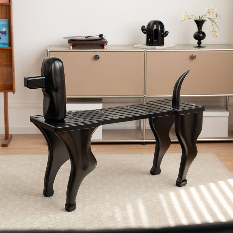 Midnight Black Contemporary Solid Colour Sitting Bench with Natural Wood Arms