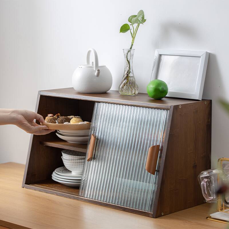 Modish Narrow Sideboard with Closet, 1 to 3 Shelves, Cabinets, Lumber Countertop, and Sliding Doors