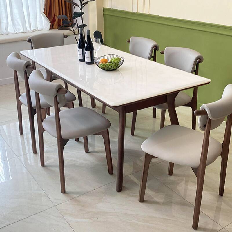 Elegant Rectangular Marble Stone Dining Table Set with Imperforate Back and Padded Chairs for 6 or 4 People in Chalk Colour