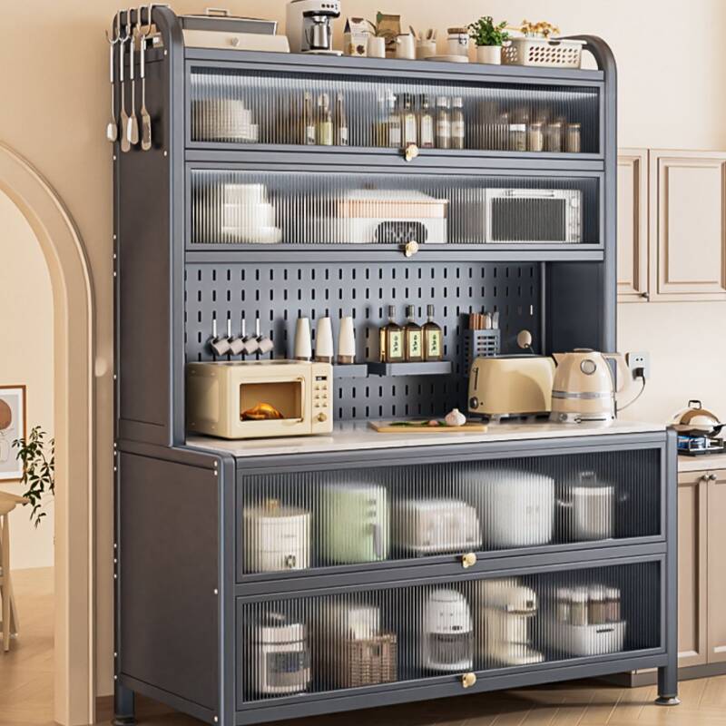 Modern Simple Style Narrow Sideboard with 2 Shelves, Sintered Stone Countertop, Pantry Hutch, and 2-4 Doors