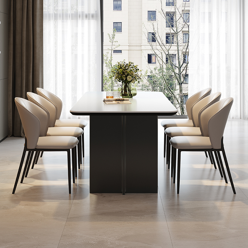 Scandinavian Slate Rectangle Dining Table Set with Twin Support Base, Upholstered Back, and White Table Top