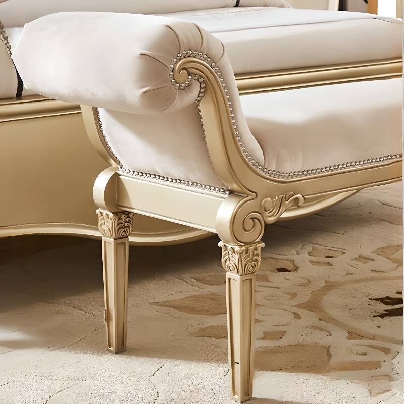 Beige Glamorous Bedroom Bench with Arms and Nailhead Design