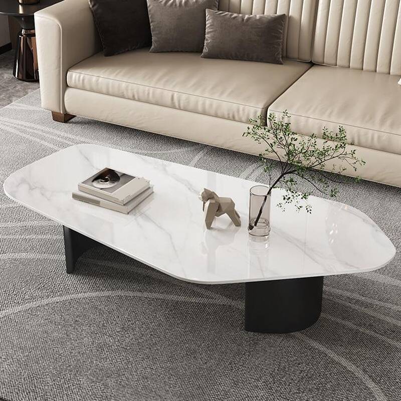 Modern Farmhouse Stone White Irregular Single Coffee Table with Twin Pedestal Base