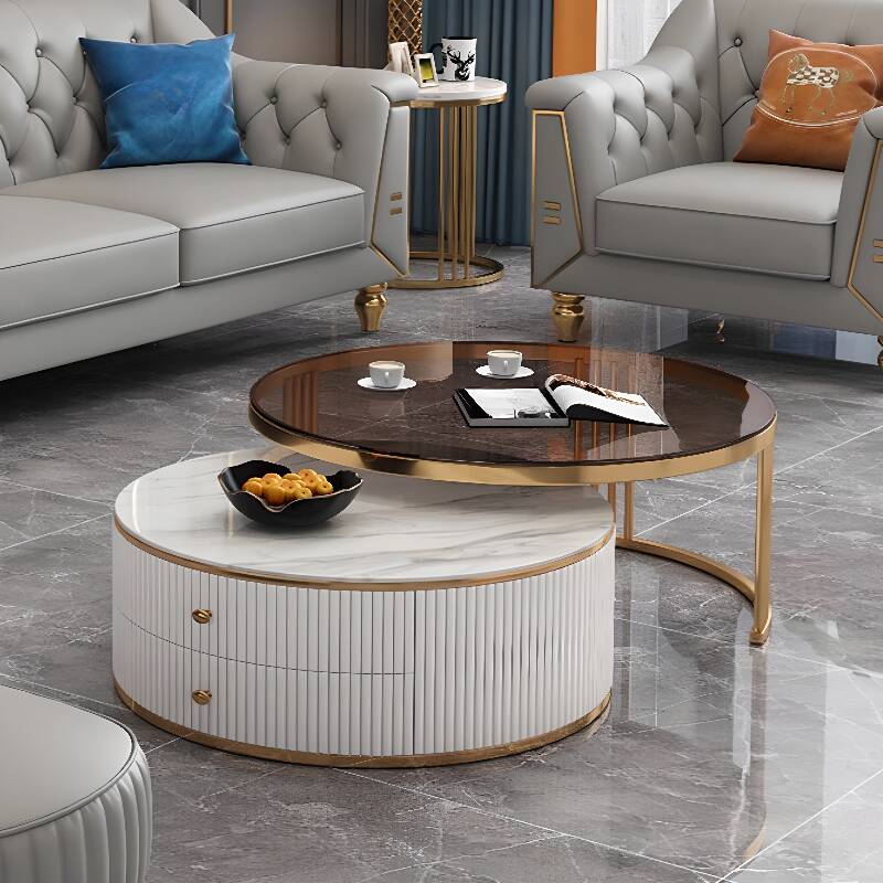 Nesting Circular-shaped Side Table with Structure Base and 2 Drawers for Foyer