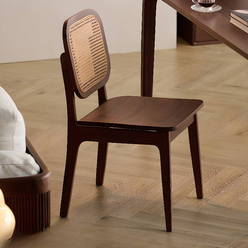 Contemporary Walnut Wood Side Chair with Exposed Back, Cocoa Legs, and Entwined Hand Woven Design