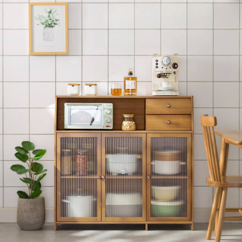 Casual Timber Countertop Pantry Hutch Kitchen Storage with Single Drawer/2 Drawers, 1 Shelf/2 Shelves, and Glass-panel Door in Narrow Size