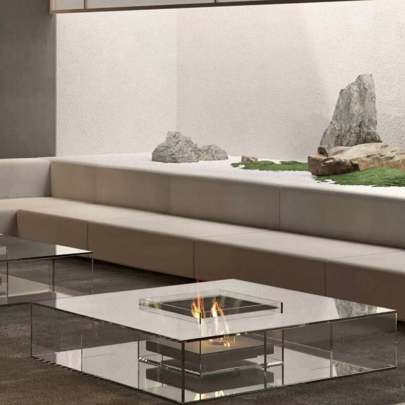 Modern Clear Square Single Board Game Coffee Table with Tempered Glass and Block Base with Locker