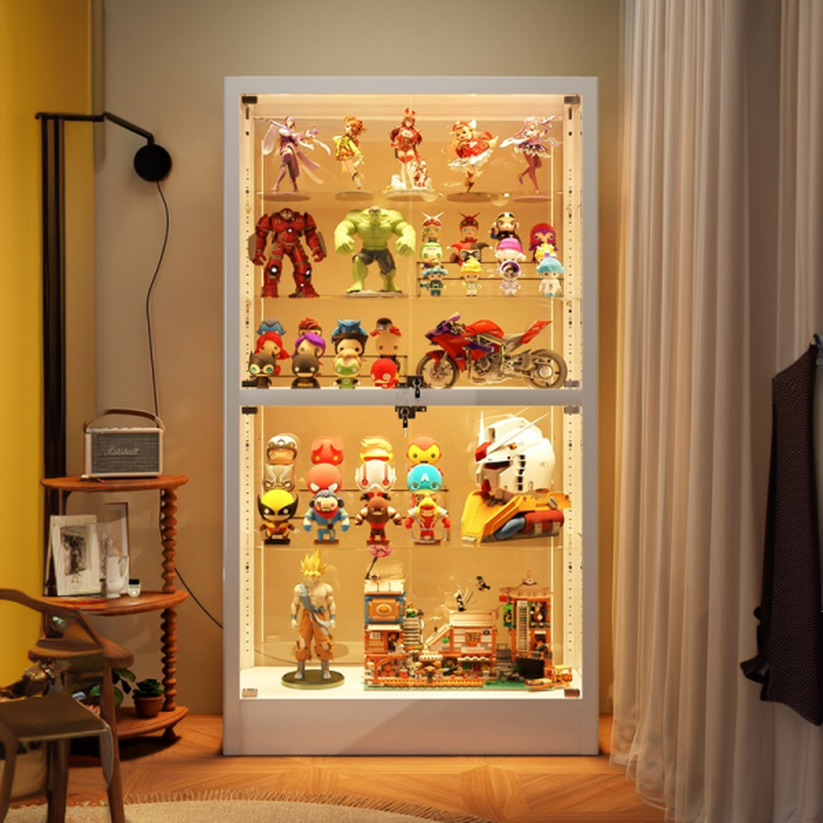 White Modish Metal Ground Curio Cabinet with Sealed Cabinet, Glass-panel Door, and Alterable Shelf