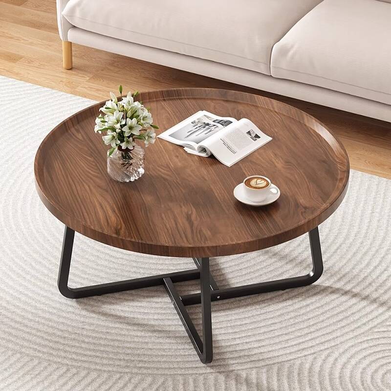 Modern Cocoa Wood Orbicular Single Tray Coffee Table with Crisscross Side