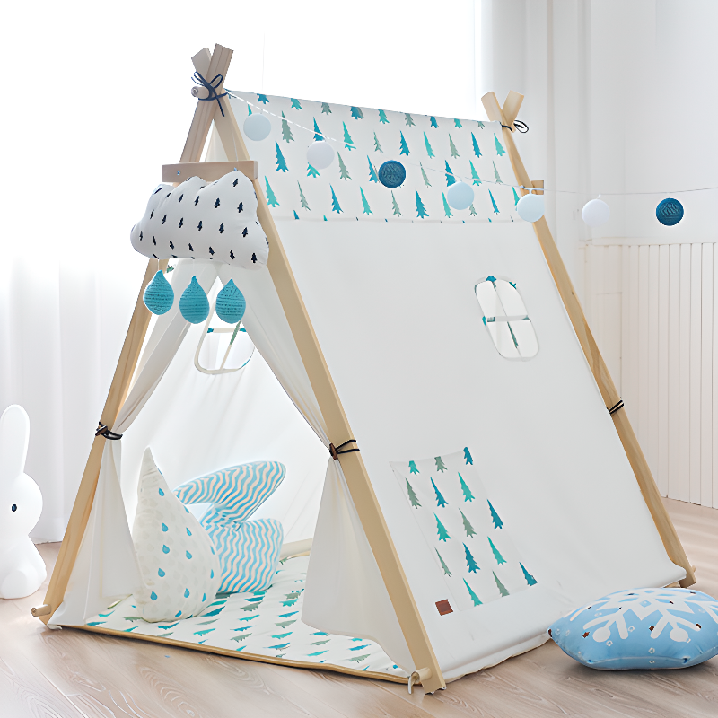 White Canvas Triangular Shape Indoor Triangular Play Tent with Windows, Floor and Tent Pole