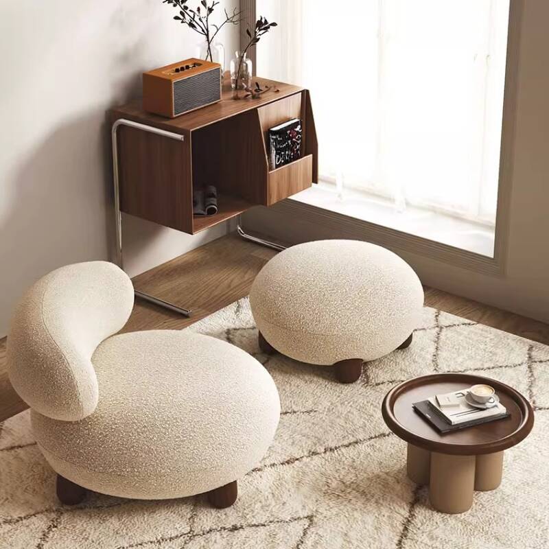 Modern Beige Accent Chair with Ottoman, Solid Colour and Fixed Back