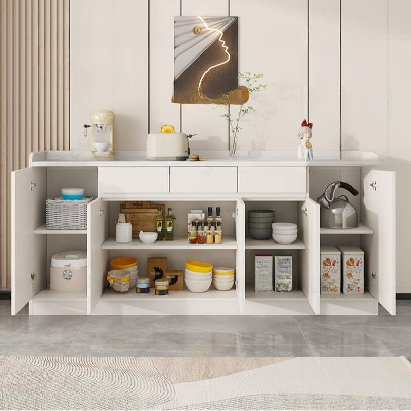 Standard/Narrow/Wide Simple Chalk Sideboard with Sintered Stone Countertop, Adaptable Shelf, 3 Drawers/2 Drawers, 4 Doors/3 Doors/5 Doors