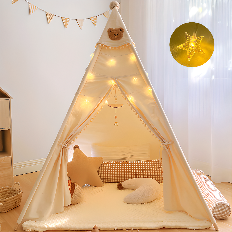 White Triangular Textile Medium（3'-5'） Triangular Play Tent with Floor, Tent Pole and Illumination Lights