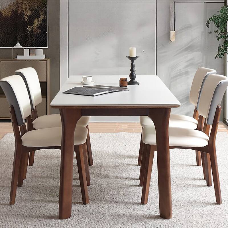 Elegant Dining Table Set with Rectangle Sintered Stone Top, Upholstered Back, Padded Chairs for 6 or 4 People in Chalk Colour