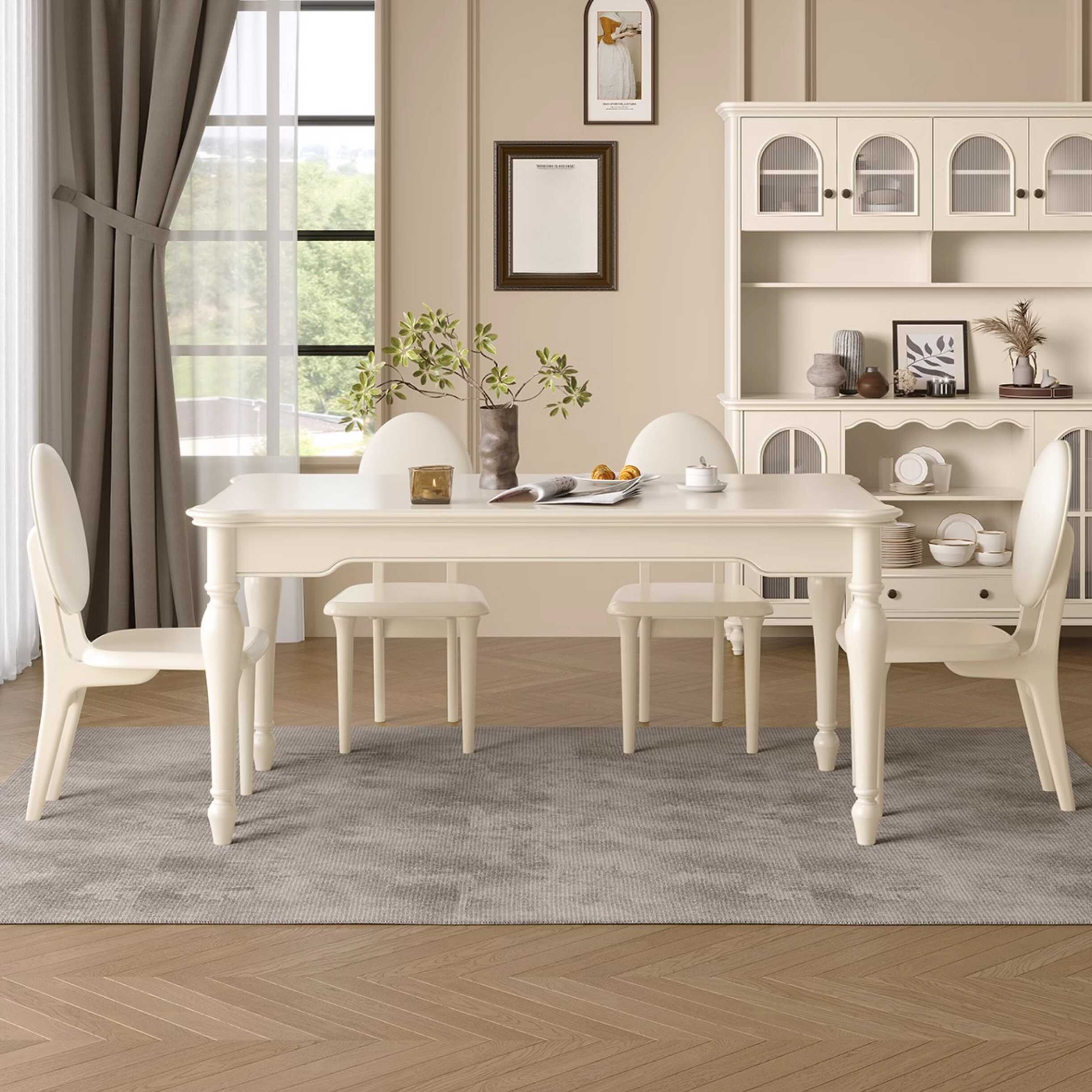 Rectangular Wood Chalk Dining Table Set with Back Chairs & 4 Legs Fixed Table