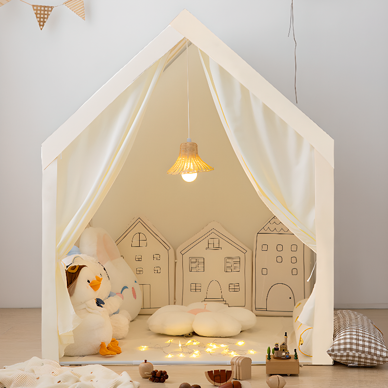 White Indoor Medium（3'-5'） Square Cloth Play Tents with Illumination Lights and Tent Pole