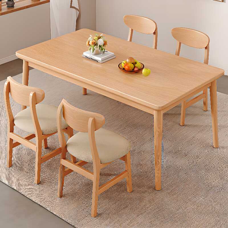 Rectangle Brown Finished/Wood Grain Natural Solid Wood Dining Table Set with Four Legs Table & Back Cushion Chair