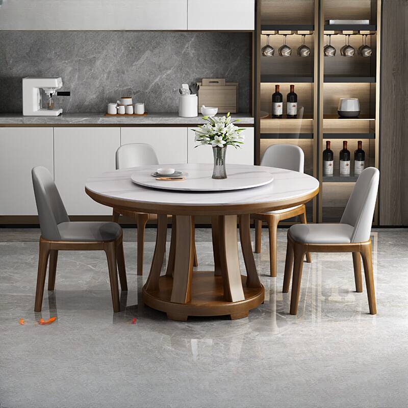 Shaker Style Orbicular Sintered Stone Dining Table Set with Stump Base and Fixed Mechanism in Chalk Colour