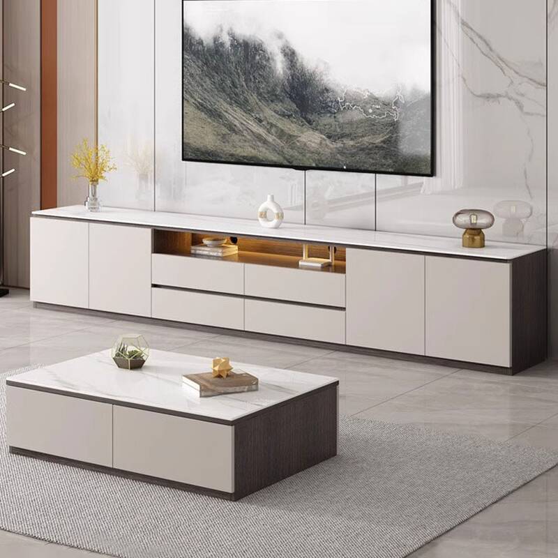 White Modish Sintered Stone TV Stand with 4 Drawers, 2/4 Cabinets, Cable Management, and Unsheltered Storage