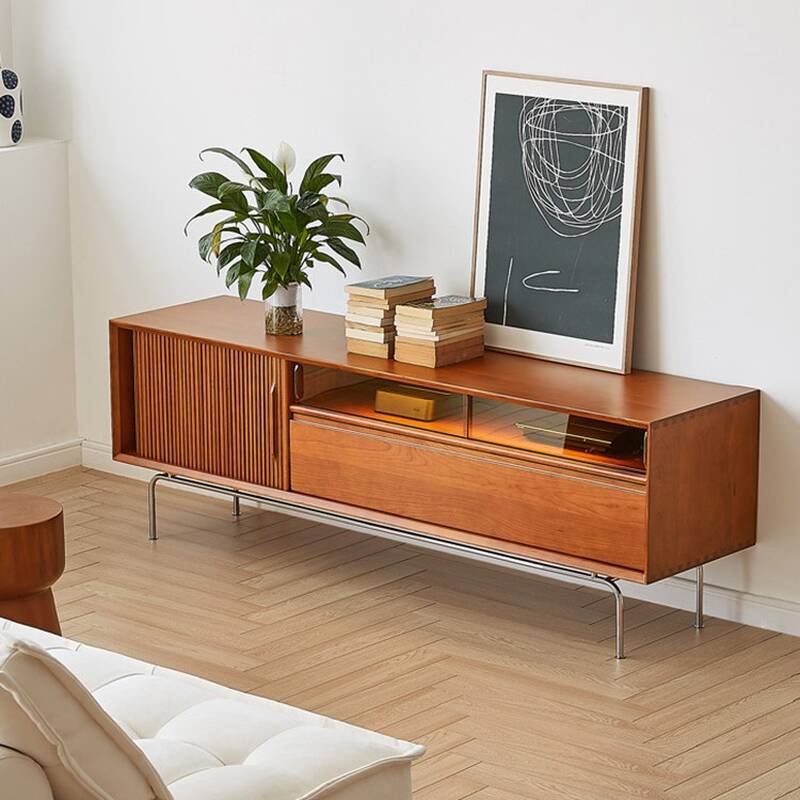 Cocoa Modish TV Stand in Natural Wood with Cabinet, Cable Management, and Soft Close Drawers