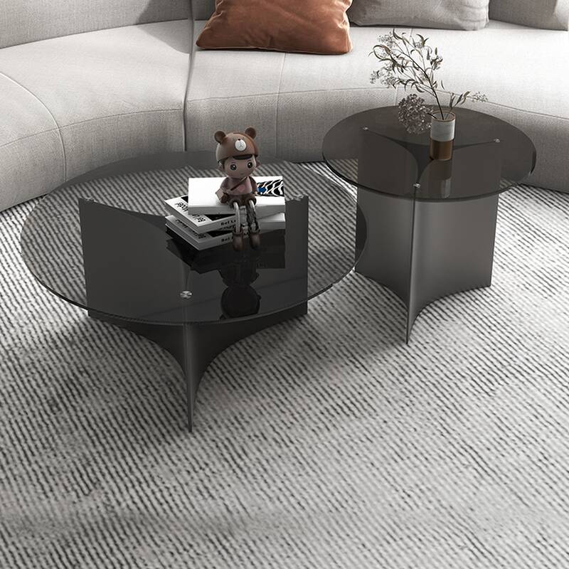 Contemporary Circular-shaped Tempered Glass Gray Single Accent Table with Abstract Base