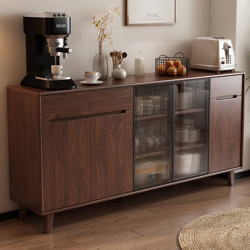 Cocoa Modern Simple Style Sideboard with Narrow/Standard/Wide Sizes, 1 Shelf, Pantry Hutch Storage, Timber Countertop, and Glass-panel Door