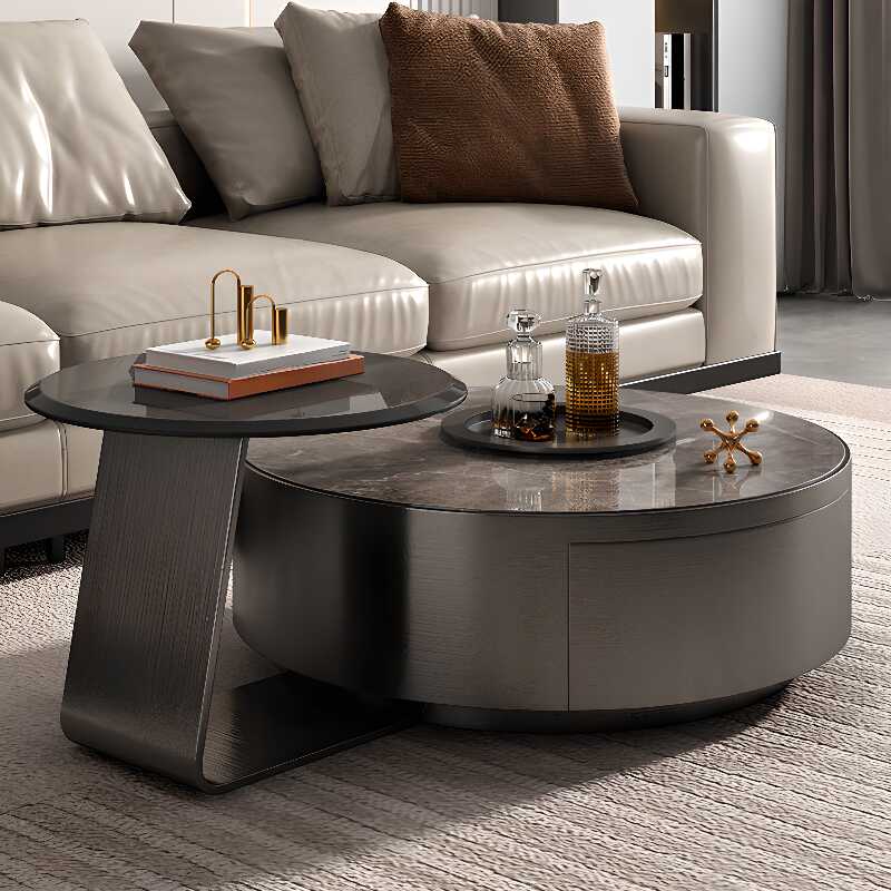 Modern Ink Orbicular Double Nesting Sintered Stone Side Table with Drum Base, 1 Drawer