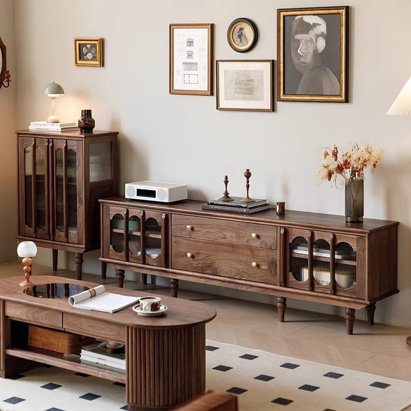 Cocoa Retro Wood TV Stand with 2 Drawers, 2 Cabinets, and Cable Management