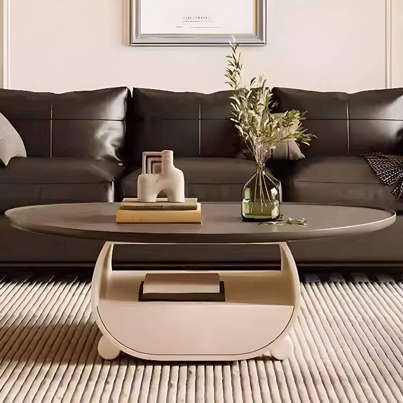 Modern Single Tray Coffee Table with Lumber Top on Abstract Base in Ink, Asymmetrical with 1 Drawer