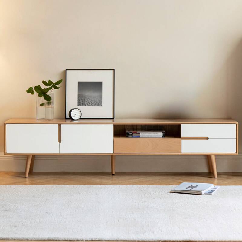 Unfinished Modish Wood TV Stand with 3 Drawers, Cabinet, Cable Management, and Unsheltered Storage